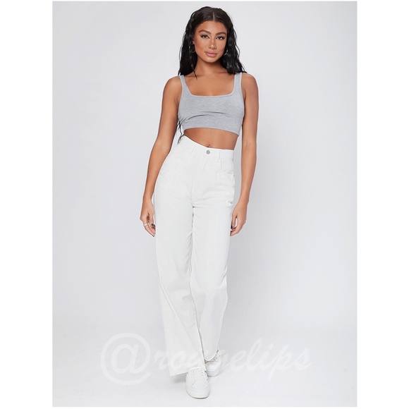 90s Style White Wide Leg Jeans High Waist Raw Hem - Picture 3 of 15